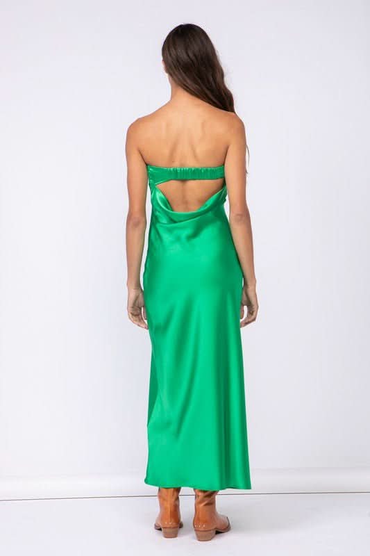 Green Satin Strapless Cowl Back Maxi Dress | Boho Pink Green Satin Strapless Cowl Back Maxi Dress | Boho Pink