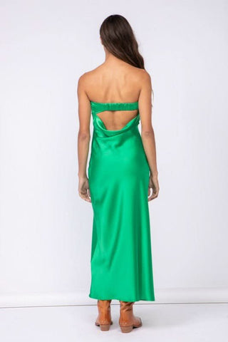 Irene Green Satin Strapless Cowl Back Maxi Dress with an overflap neckline - Back