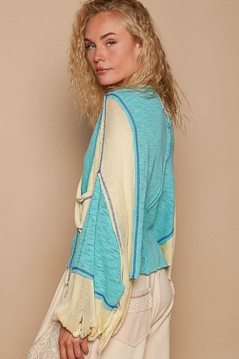 Kelsey Aqua and Yellow Oversized V Neck Top - Side View