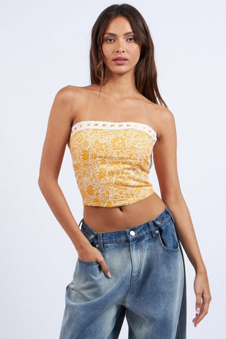 Cora Orange Floral Print Tube Top - Strapless Crop Top - Front View