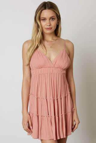 Coral tiered babydoll mini dress front view
