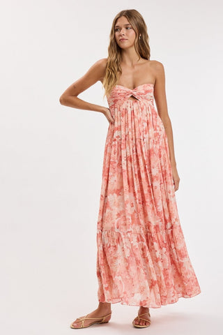 Coral floral strapless maxi dress full body outfit
