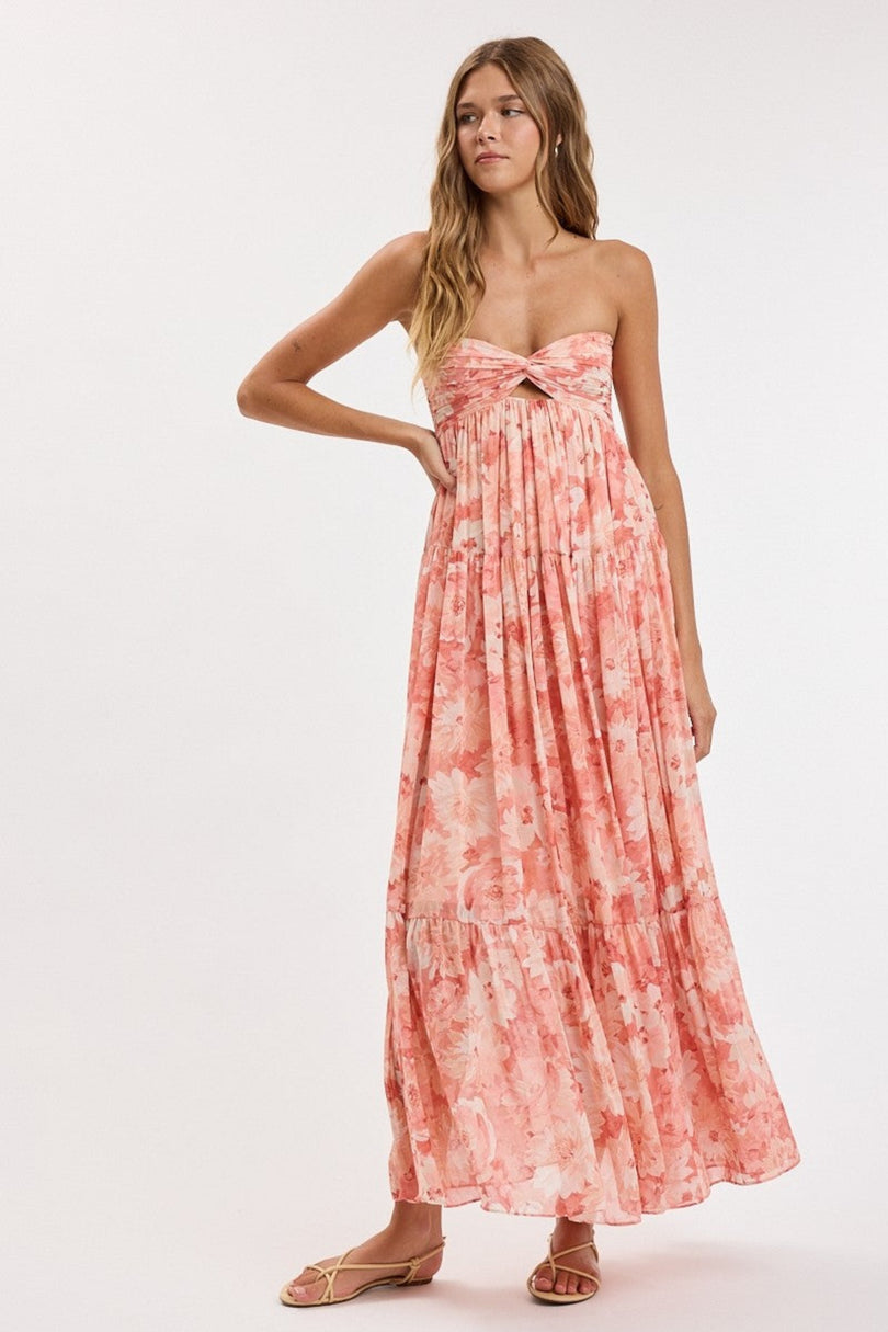 Coral floral strapless maxi dress full body outfit