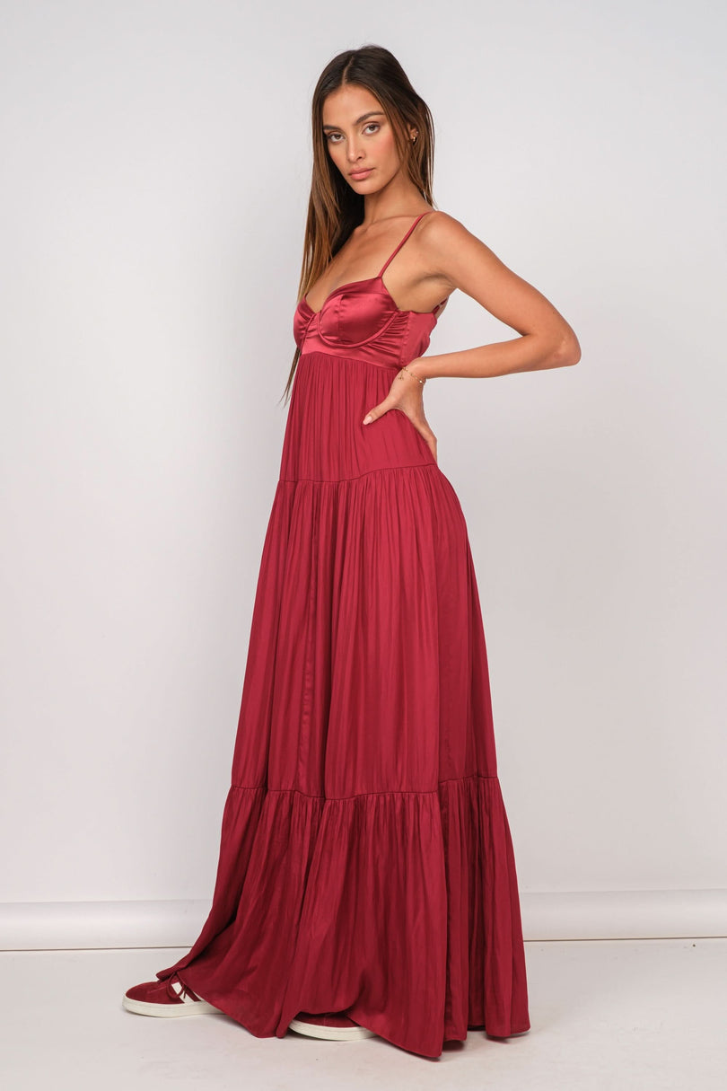 Blaire Burgundy Satin Tiered Maxi Dress styled as a wedding guest dress