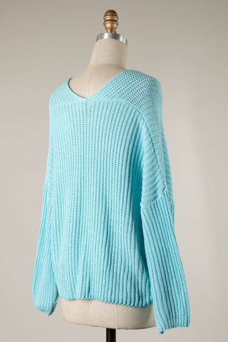 Aqua Blue Oversized Pullover Sweater - Back View | Boho Pink