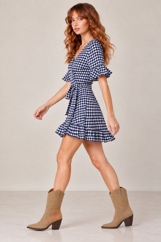 Courtney Navy and White Gingham Wrap Dress - Coastal Cowgirl Outfits
