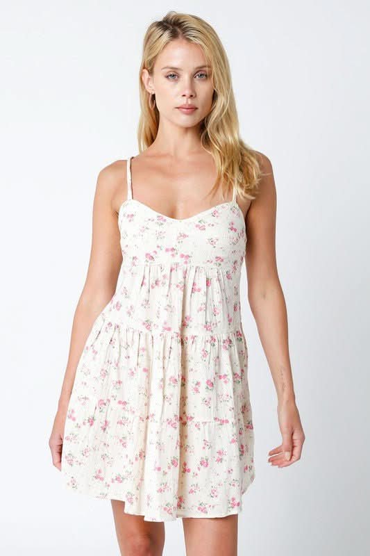 empire line short dress Olivaceous Promenade Cream and Pink Floral Tiered Mini Dress - Size L