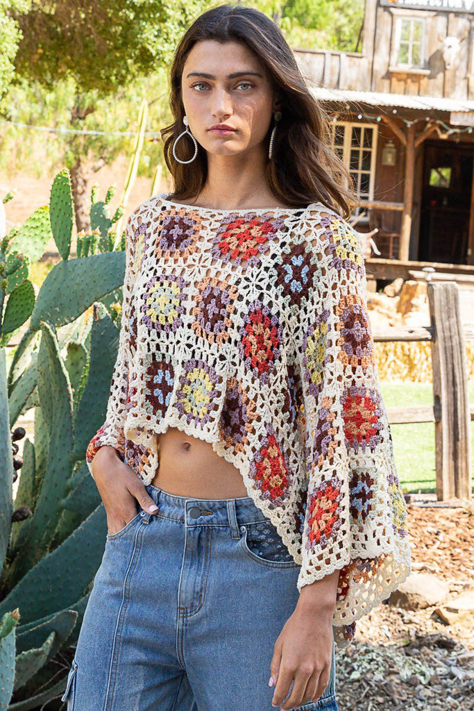 Cream Multi Color Crochet Square Sweater