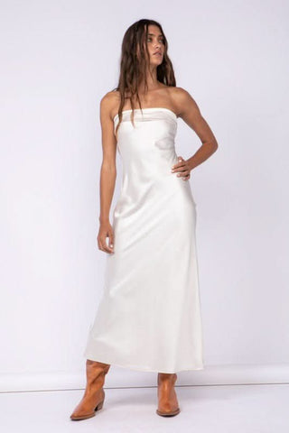 Irene Creamy White Satin Strapless Maxi Dress styled with cowboy boots