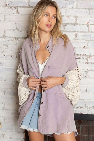 Lesley Dusty Lavender Crochet Sleeve Shacket - Front View
