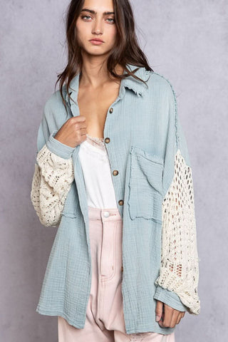 Lesley Light Blue Crochet Sleeve Shacket - Front View