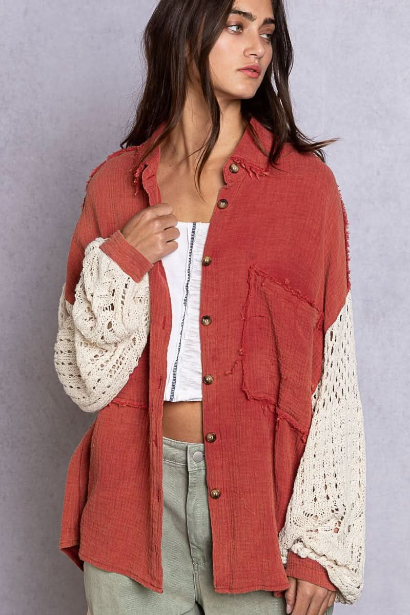 Lesley Dusty Red Crochet Sleeve Shacket - Front View