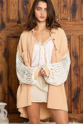 Lesley Dusty Peach Crochet Sleeve Shirt - Outfit View
