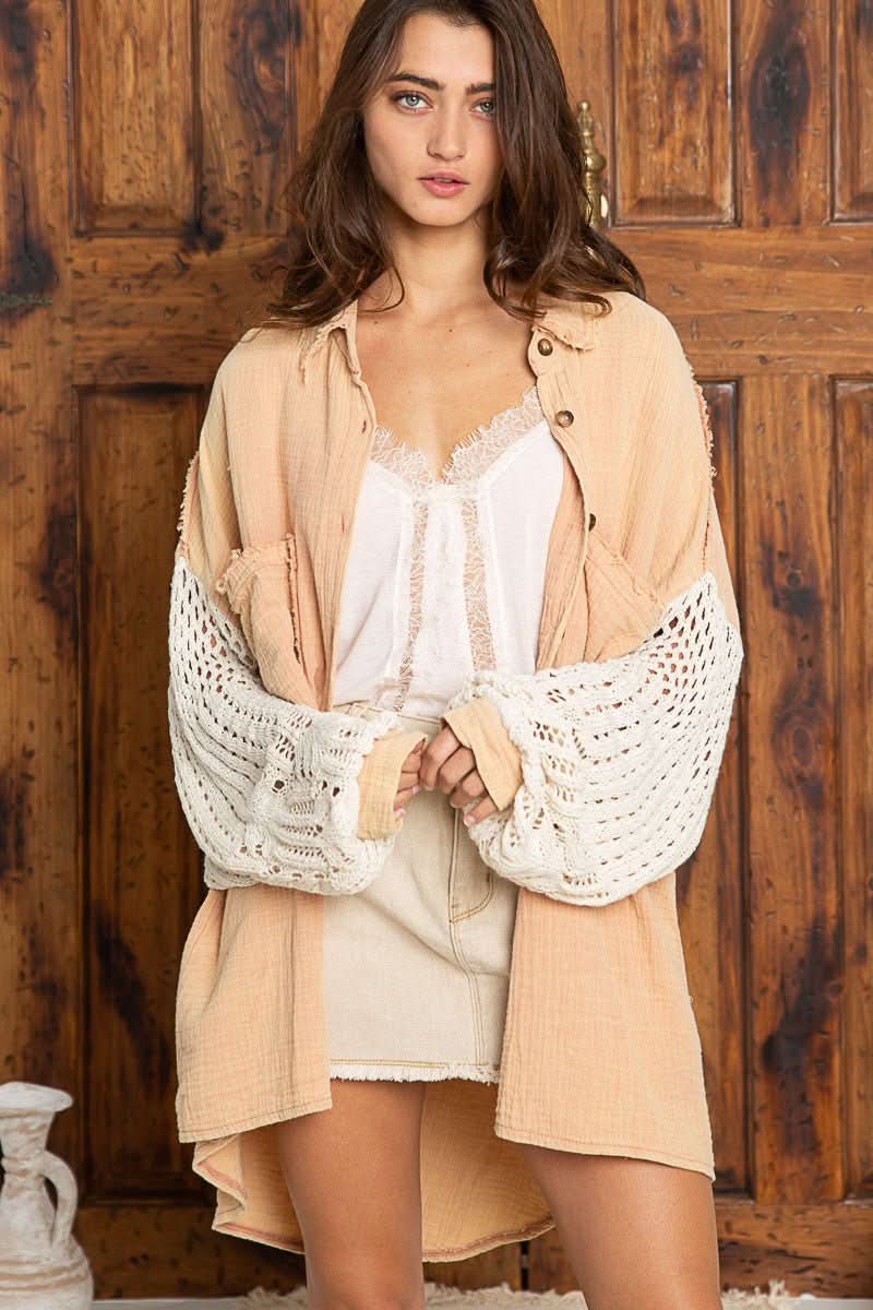 Lesley Dusty Peach Crochet Sleeve Shirt - Front View
