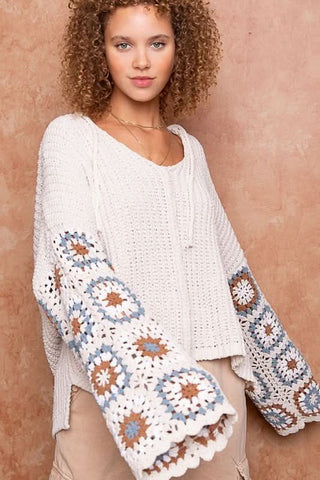 Cameron Beige Crochet Wide Bell Sleeve Sweater - Side View