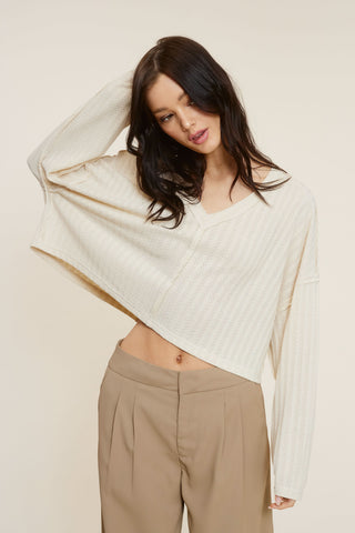 All The Way Beige Long Sleeve Crop Top - Front View