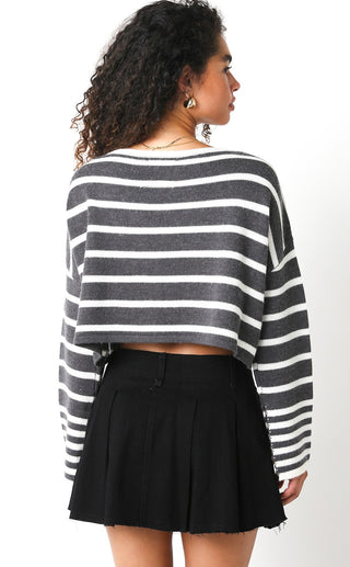 Carter Grey Striped Cropped Oversized Sweater - Back View