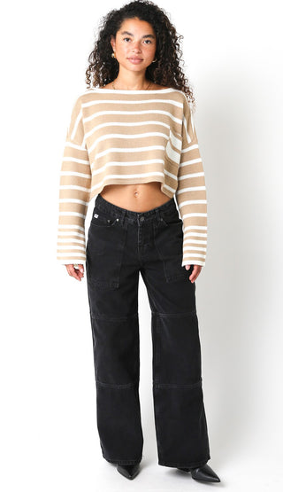 Tan and White Striped Oversized Sweater for Women - Cropped Pullover
