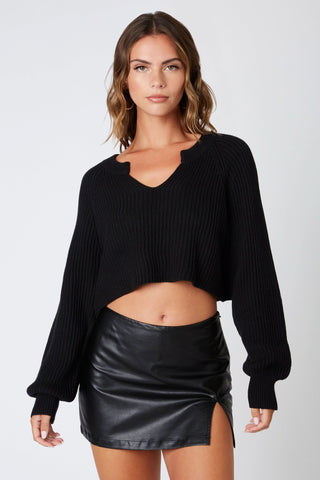 Day Off Black Notched Neck Sweater - Front View