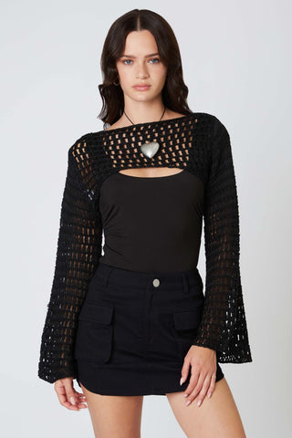 black crochet shrug front view