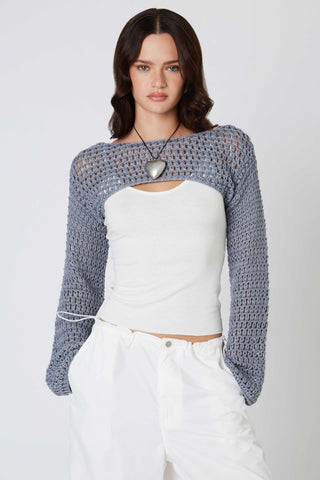 slate grey crochet shrug front view