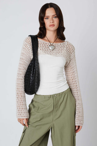 Beige stone crochet shrug front view