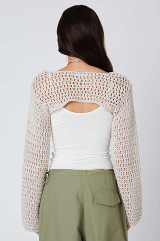 Crochet shrug back view with wide sleeves | Boho Pink