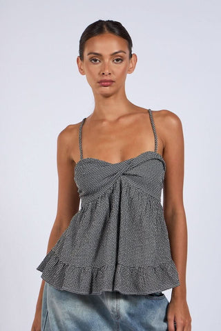 Gracie Black Gingham Babydoll Twist Top front view | Boho Pink