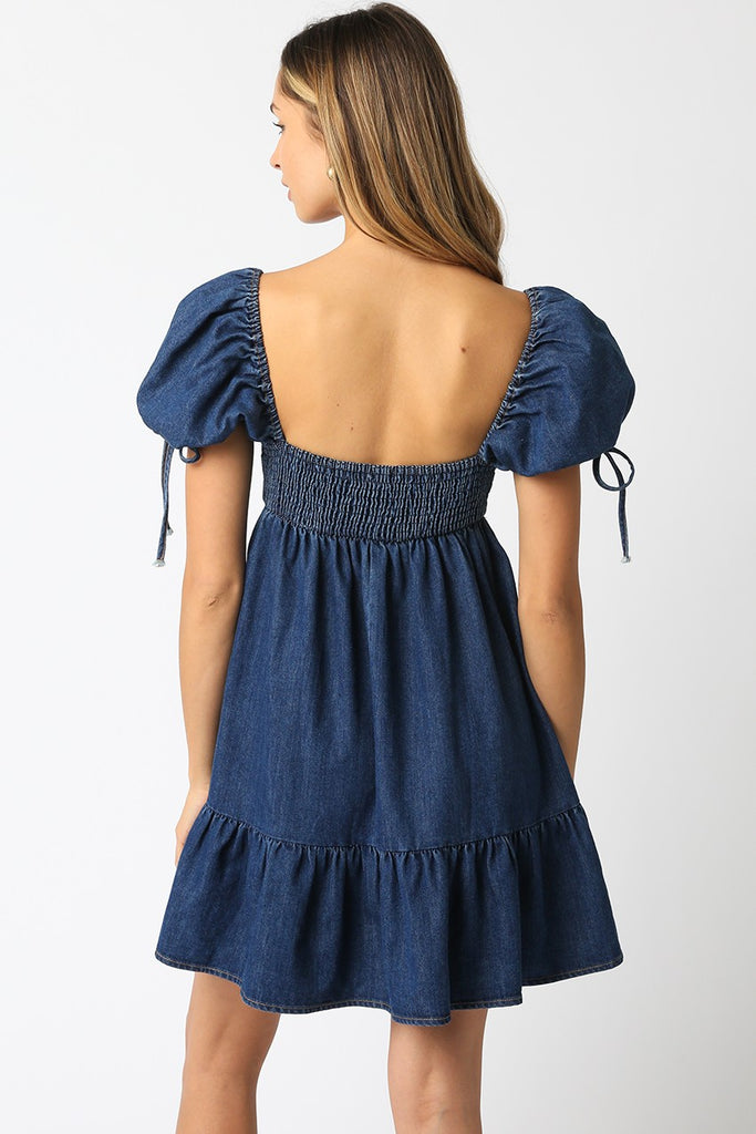 Dark Denim Puff Sleeve Babydoll Dress