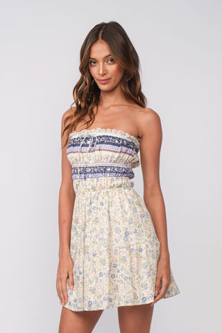 Cream floral strapless mini dress with blue floral print