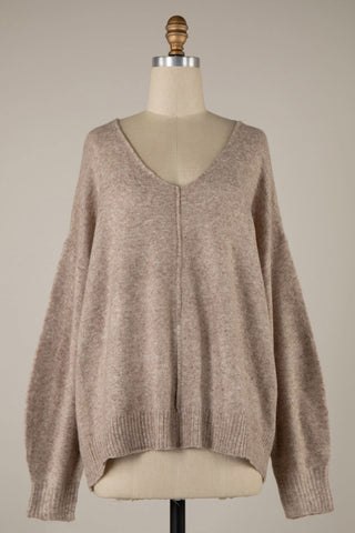 Taupe oversized V-neck knit pullover sweater for women - mannequin view