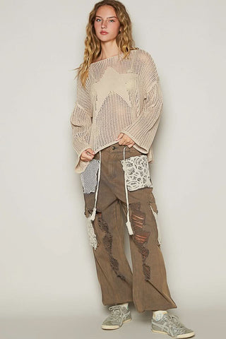 Everly Beige Sheer Star Sweater - Cute Detailed View