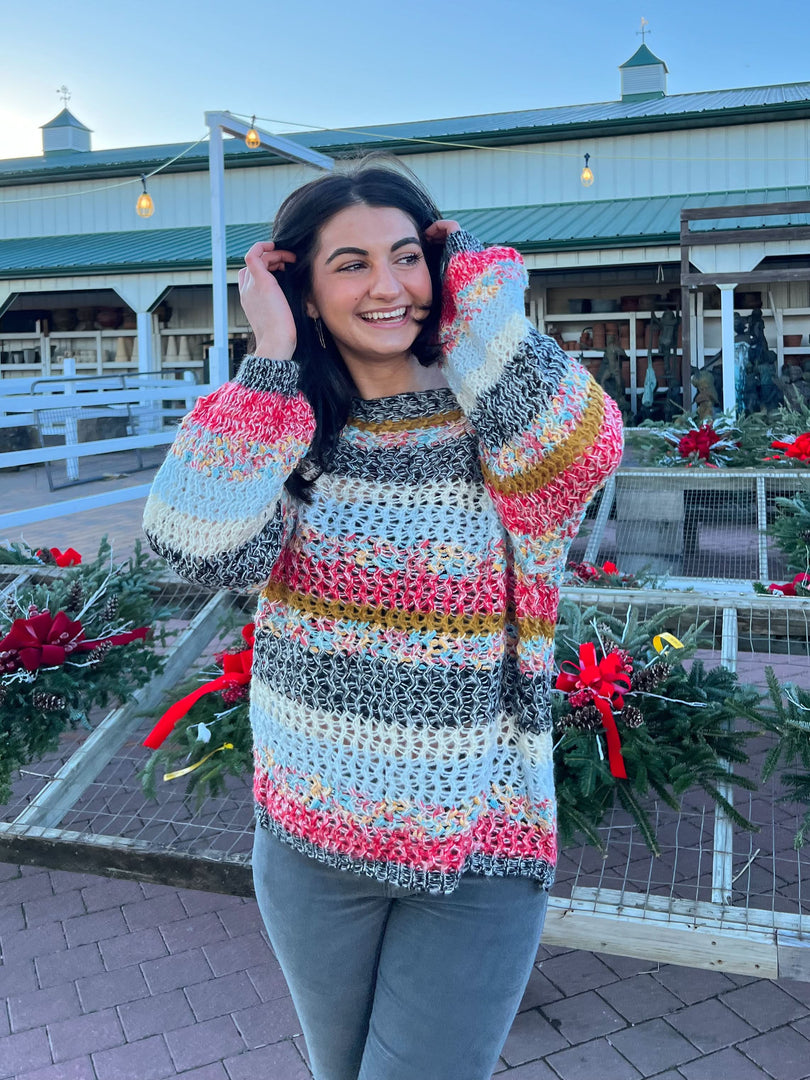 Andie Multi Color Striped Oversized Puff Sleeve Sweater - Front View