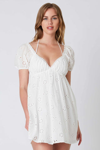 Dana white eyelet off shoulder graduation mini dress front view