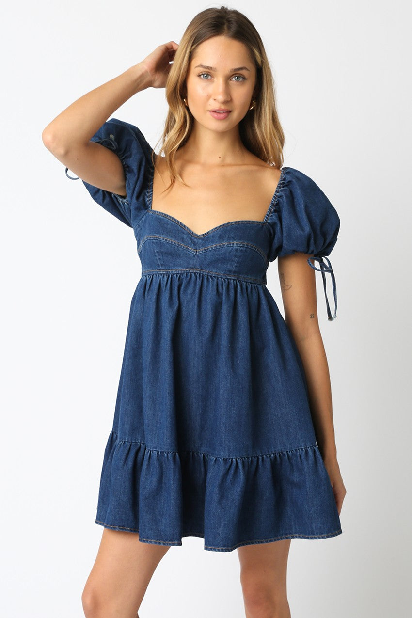 Jessie Dark Denim Babydoll Mini Dress from our puff sleeve dresses collection