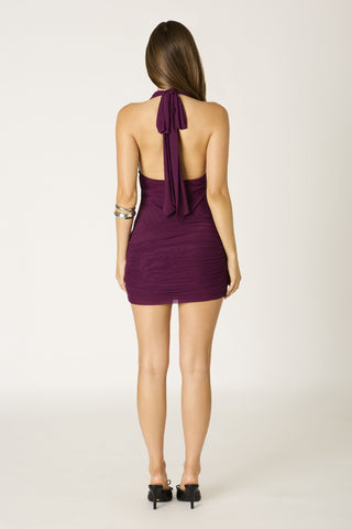 Amara Plum Cocktail Dress - Halter Bodycon Mini Dress Back View