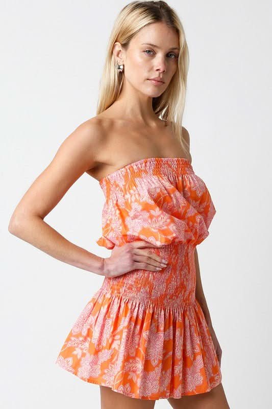 Orange Floral Strapless Tube Dress