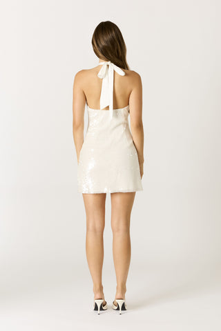 Della white sequin mini dress bachelorette back view
