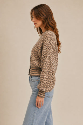 Dimitra Taupe Multi Knit Puff Sleeve Cardigan - Side View