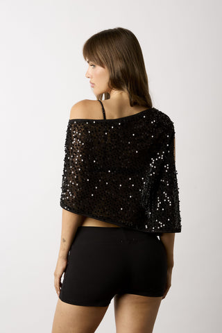 Donna black sequin asymmetric cape top