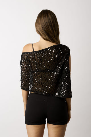 Donna black sequin asymmetric poncho top back view