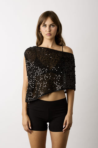 Donna black sequin asymmetric poncho top front view
