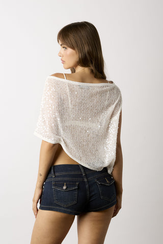 Donna white sequin asymmetric cape top
