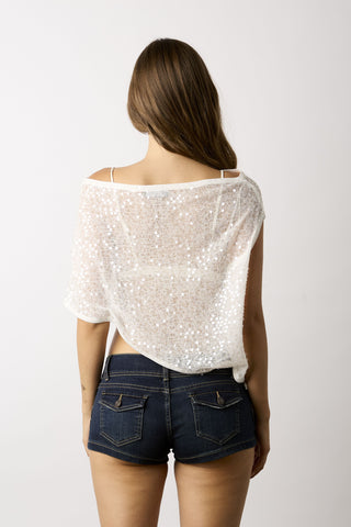 Donna white sequin asymmetric poncho top back view