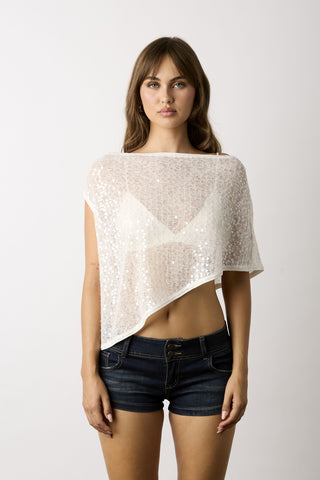 Donna white sequin asymmetric poncho top front view