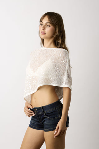 Donna sparkly white asymmetric poncho top side view