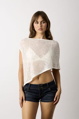 Donna white sheer sequin cape top 