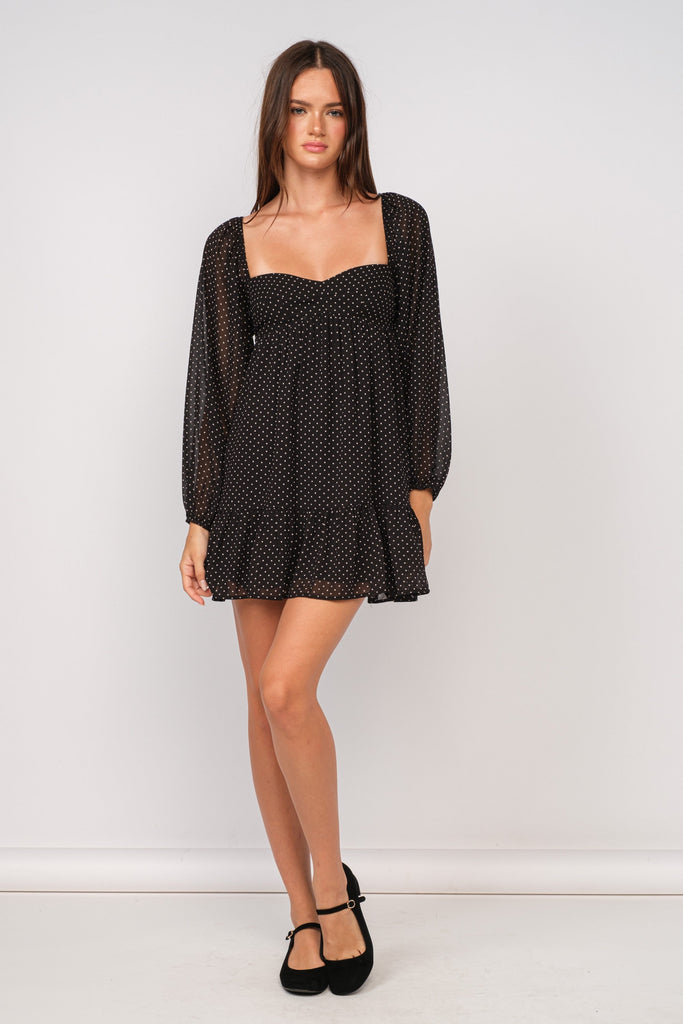 Black Polka Dot Long Sleeve Babydoll Dress