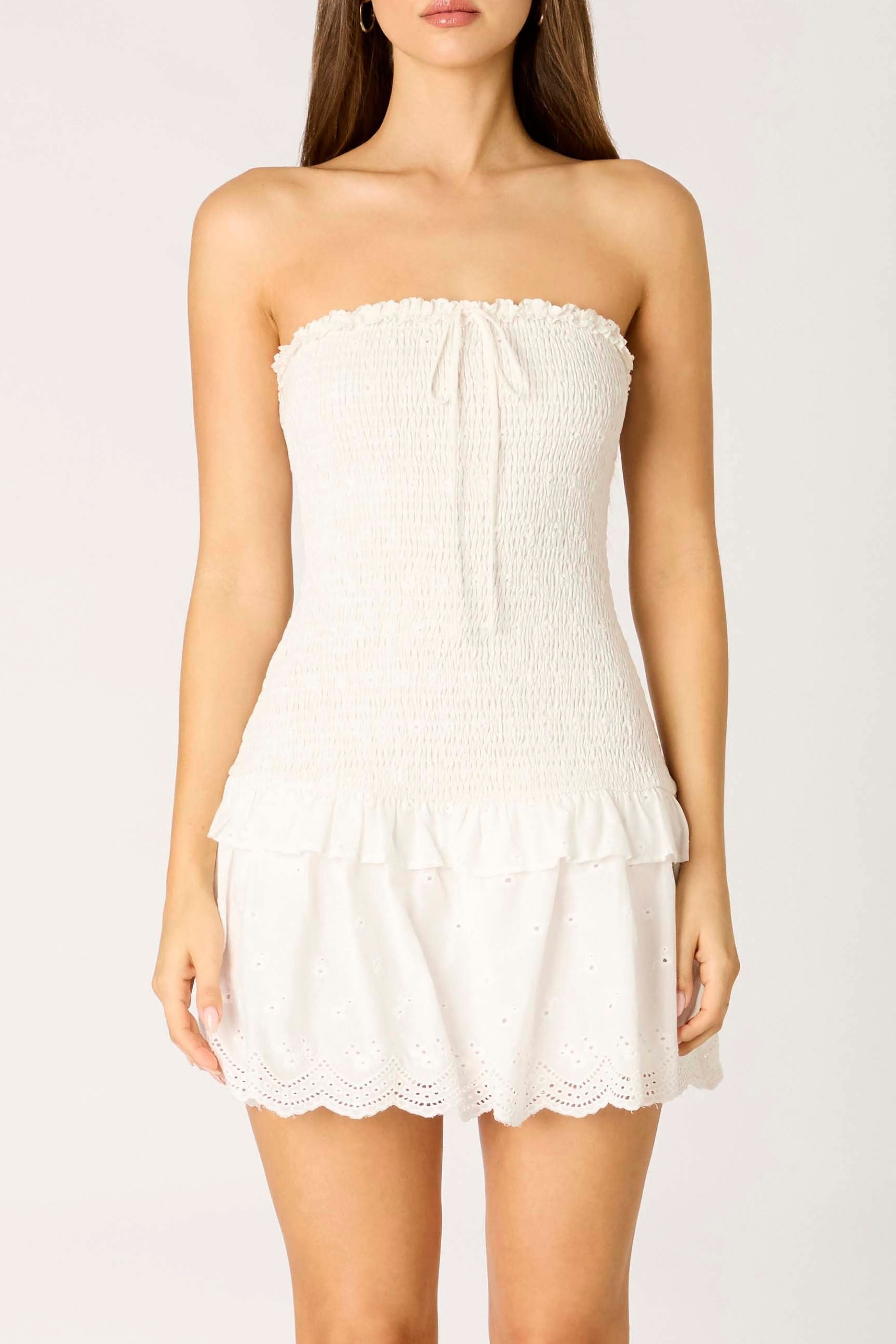 Rora White Eyelet Smocked Mini Dress - Strapless Drop Waist - Cotton Candy LA Rora White Eyelet Smocked Mini Dress - Strapless Drop Waist - Cotton Candy LA