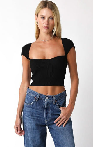Emma Black Cap Sleeve Sweater Crop Top - Front View